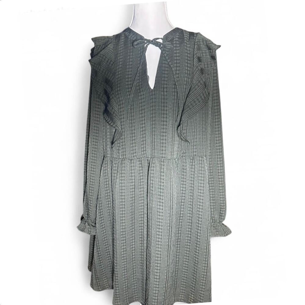 Loft Gray Ruffled Keyhole V-Neck Textured Loose Drop Waist Lined MediumDress